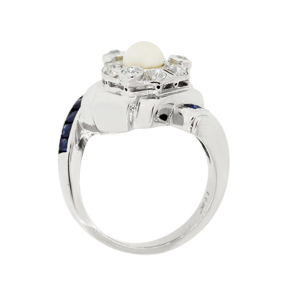 14k White Gold 0.20ctw Diamond Sapphire and 4mm Pearl Ring