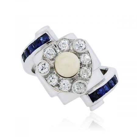 14k White Gold 0.20ctw Diamond Sapphire and 4mm Pearl Ring