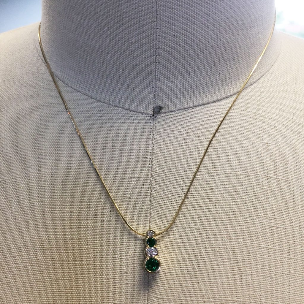14k Yellow Gold Diamond and Emerald Bezel Set Drop Pendant Necklace