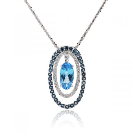 14k White Gold 0.20ctw Diamond and Blue Topaz Pendant On Chain Necklace