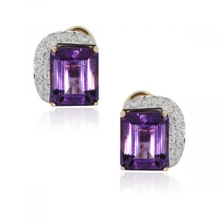 14k Yellow Gold 0.45ctw Diamond and Amethyst Omega Back Earrings