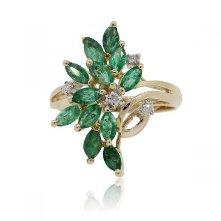 14k Yellow Gold Marquise Shape Emerald and Diamond Cocktail Ring