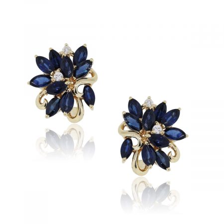 14k Yellow Gold 0.12ctw Diamond and 3ctw Sapphire Marquise Shape Earrings