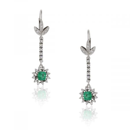 18k White Gold 0.80ctw Diamond and 2.50ctw Emerald Dangle Earrings