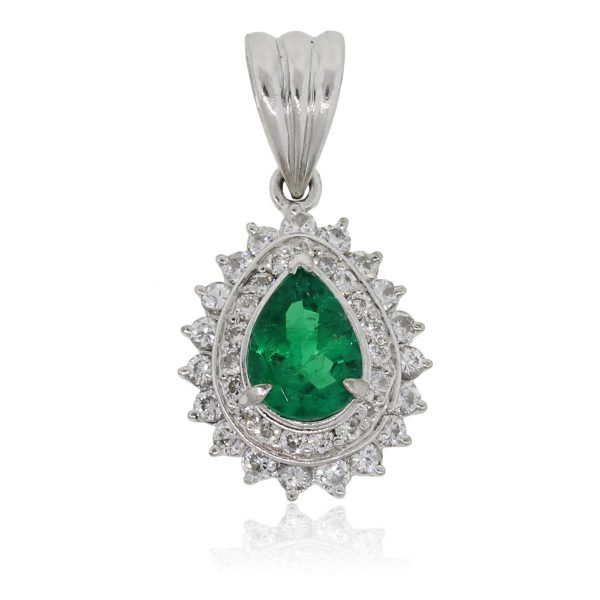 Platinum 0.75ct Pear Shape Emerald and 0.60ctw Diamond Pendant