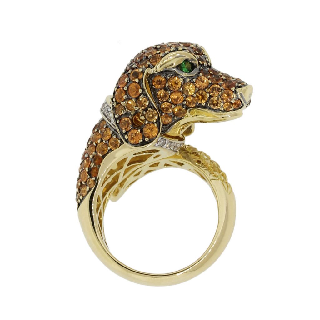 18k Yellow Gold 0.60ctw Diamond Orange Sapphire and Emerald Dog Ring