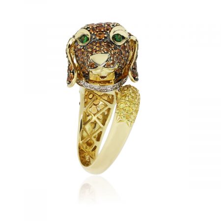 18k Yellow Gold 0.60ctw Diamond Orange Sapphire and Emerald Dog Ring