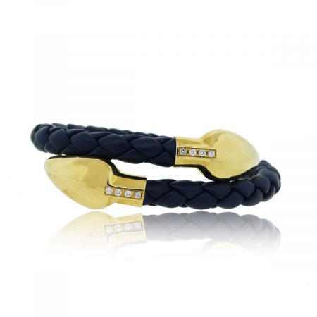 18k Yellow Gold 0.18ctw Diamond Blue Leather Bracelet