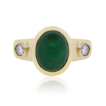 18k Yellow Gold 0.20ctw Diamond Oval Cabochon Emerald Ring