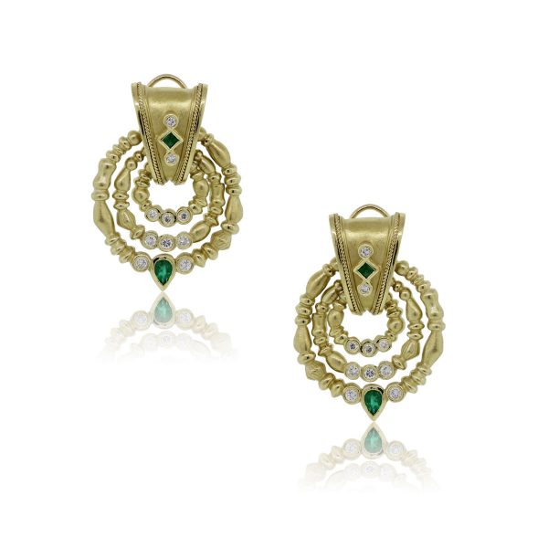 18k Yellow Gold 1ctw Diamond 1ctw Emerald Door Knocker Earrings
