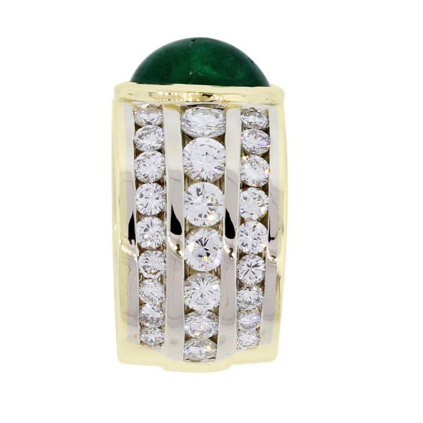 18k Yellow Gold Oval Cabochon Emerald and 3ctw Diamond Wide Ring
