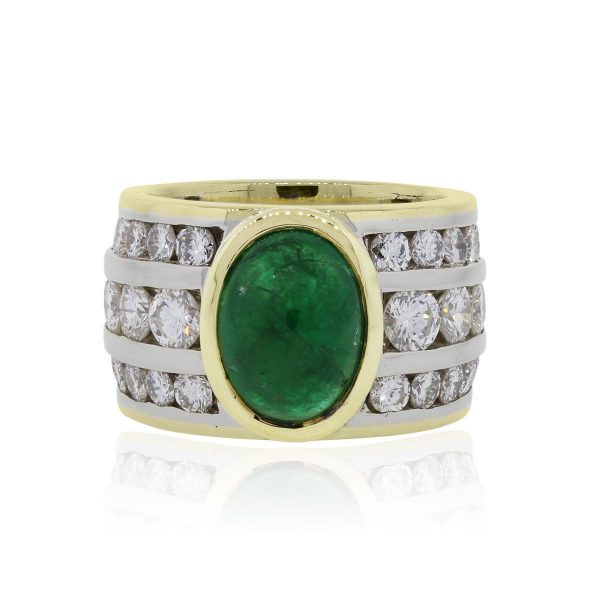18k Yellow Gold Oval Cabochon Emerald and 3ctw Diamond Wide Ring