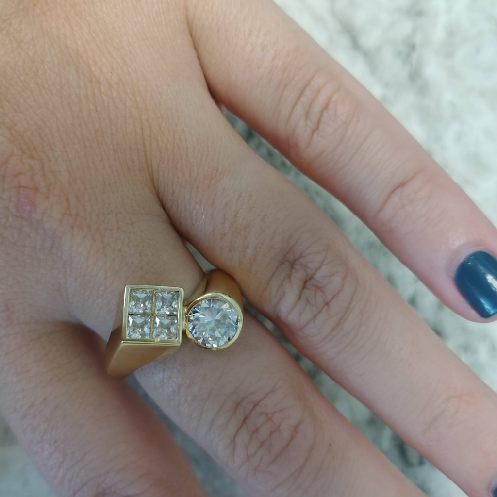 14k Yellow Gold Princess Cut And Round Brilliant Cz Bypass Ring