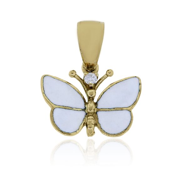 14k Yellow Gold Diamond and White Enamel Butterfly Pendant
