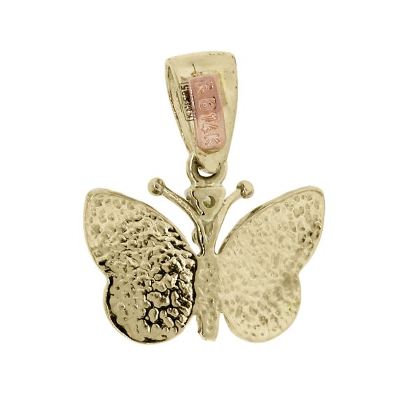 14k Yellow Gold Diamond and White Enamel Butterfly Pendant