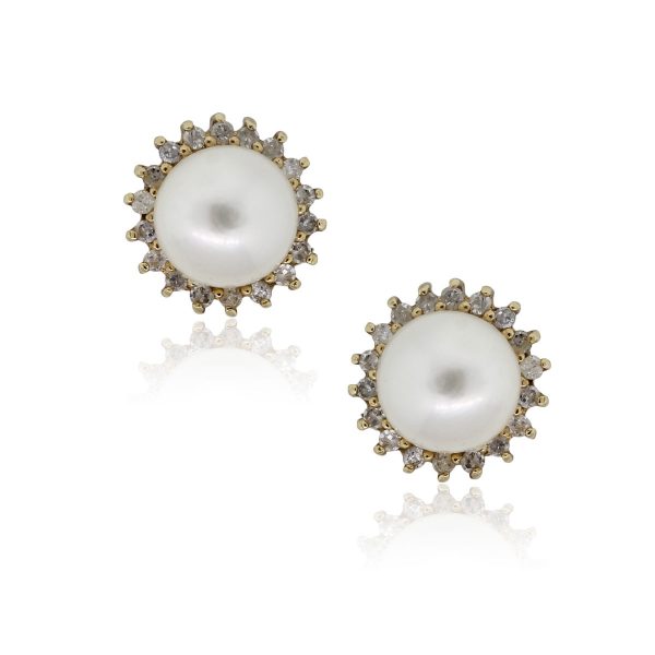 14k Yellow Gold 7mm Pearl and 0.20ctw Diamond Halo Stud Earrings