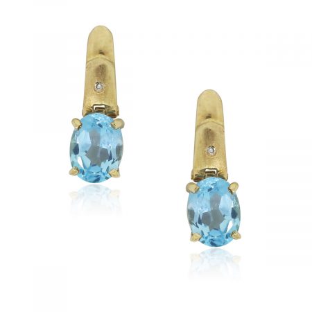 14k Yellow Gold Oval Blue Topaz and Diamond Earrings
