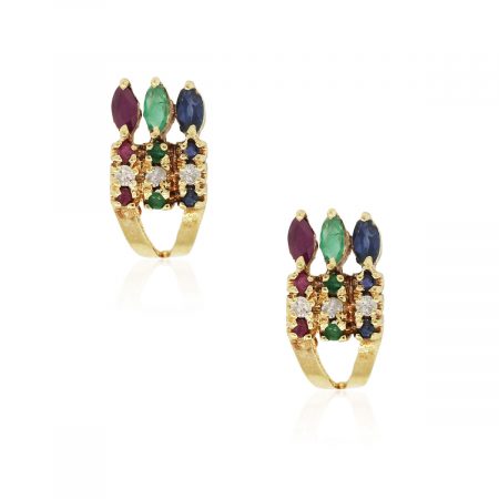 18k Yellow Gold 0.12ctw Diamond Emerald Ruby and Sapphire Earrings