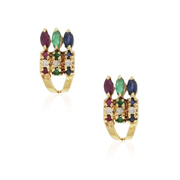 18k Yellow Gold 0.12ctw Diamond Emerald Ruby and Sapphire Earrings