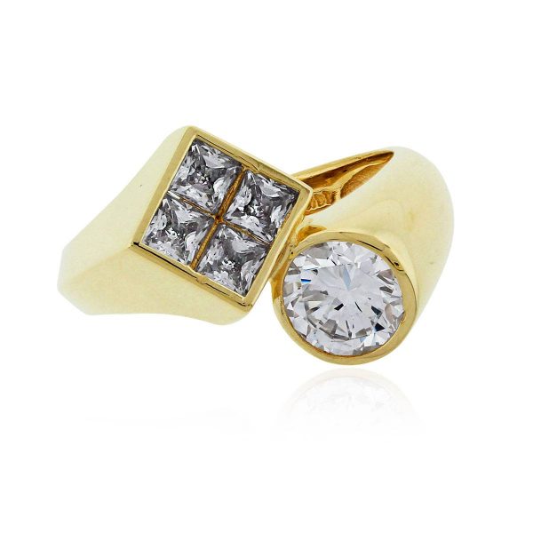 14k Yellow Gold Princess Cut And Round Brilliant Cz Bypass Ring