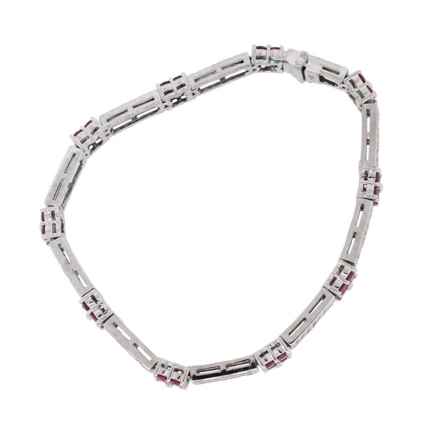 14k White Gold 2.10ctw Diamond With 2ctw Pink Sapphire Double Row Flower Bracelet