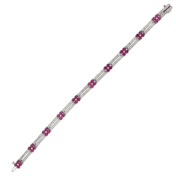 14k White Gold 2.10ctw Diamond With 2ctw Pink Sapphire Double Row Flower Bracelet