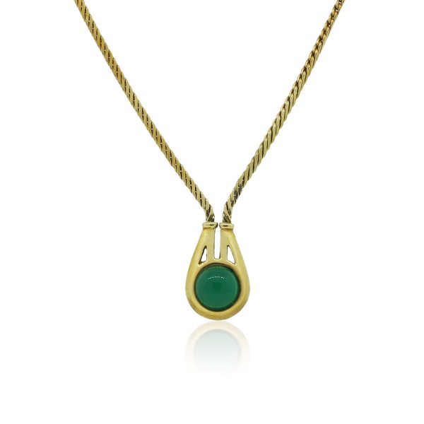 14k Yellow Gold Green Stone Cabochon Pendant Necklace