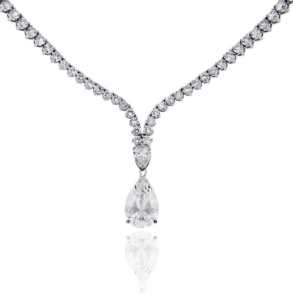 18k White Gold 23.61ctw Round and Pear Shape Diamond Drop Necklace