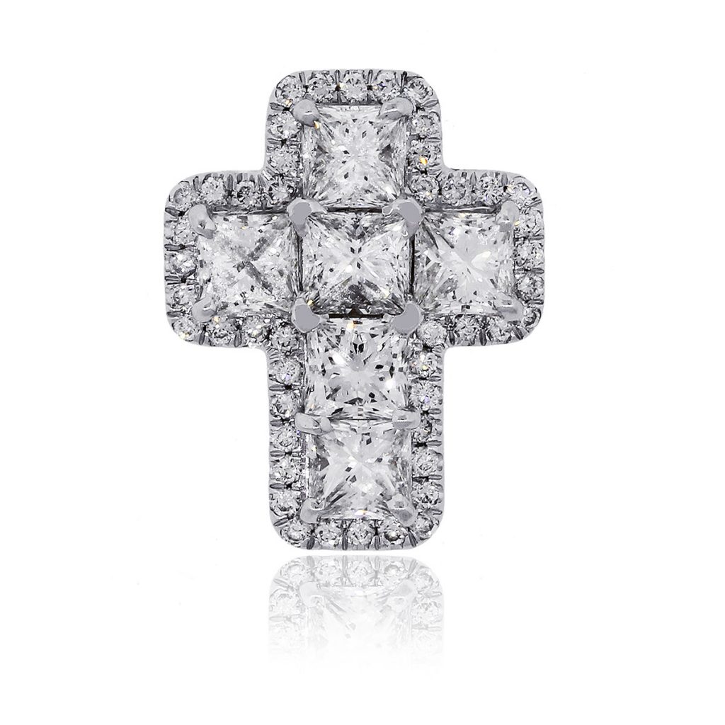 18k White Gold 1.70ctw Princess and Round Brilliant Diamond Cross Pendant