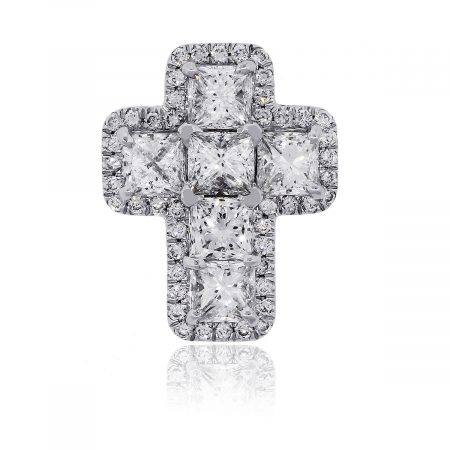 18k White Gold 1.70ctw Princess and Round Brilliant Diamond Cross Pendant