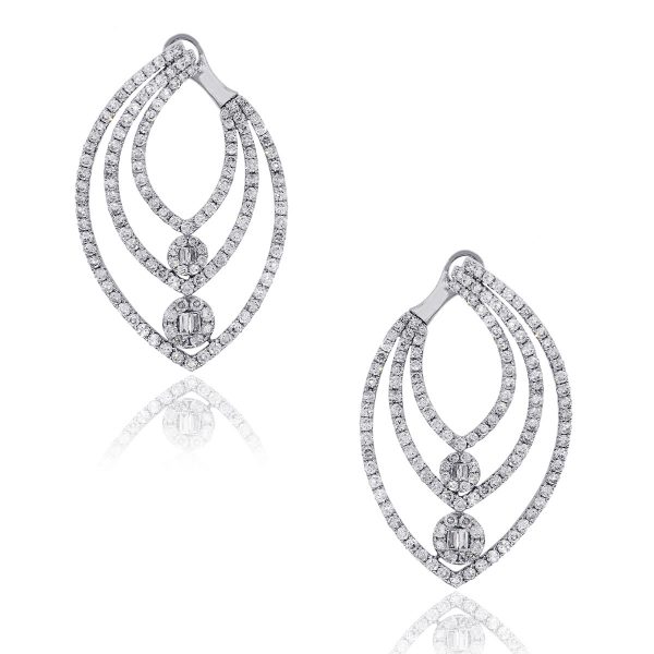 18k White Gold 4.25ctw Diamond Three Row Earrings