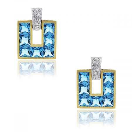 18k Two Tone 0.25ctw Diamond Blue Topaz Dangle Earrings