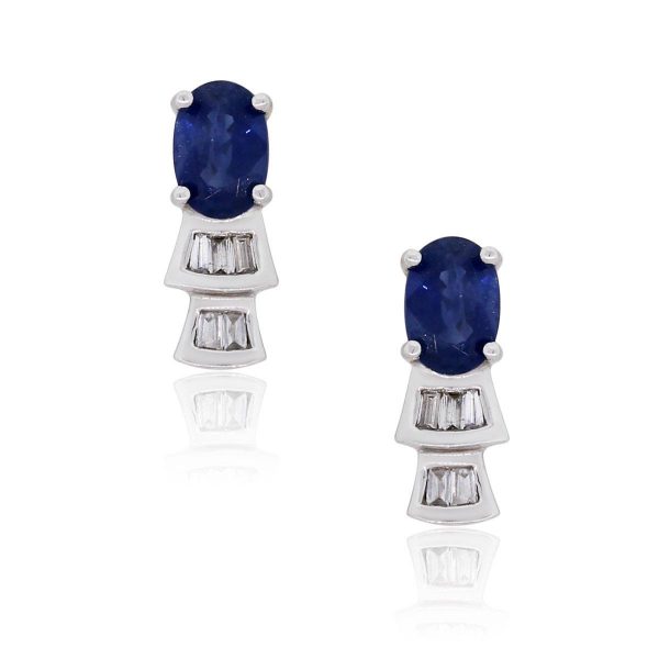 14k White Gold 0.86ctw Oval Sapphire and Baguette Diamond Stud Earrings