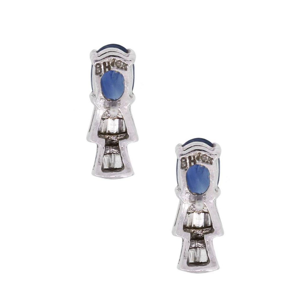 14k White Gold 0.86ctw Oval Sapphire and Baguette Diamond Stud Earrings