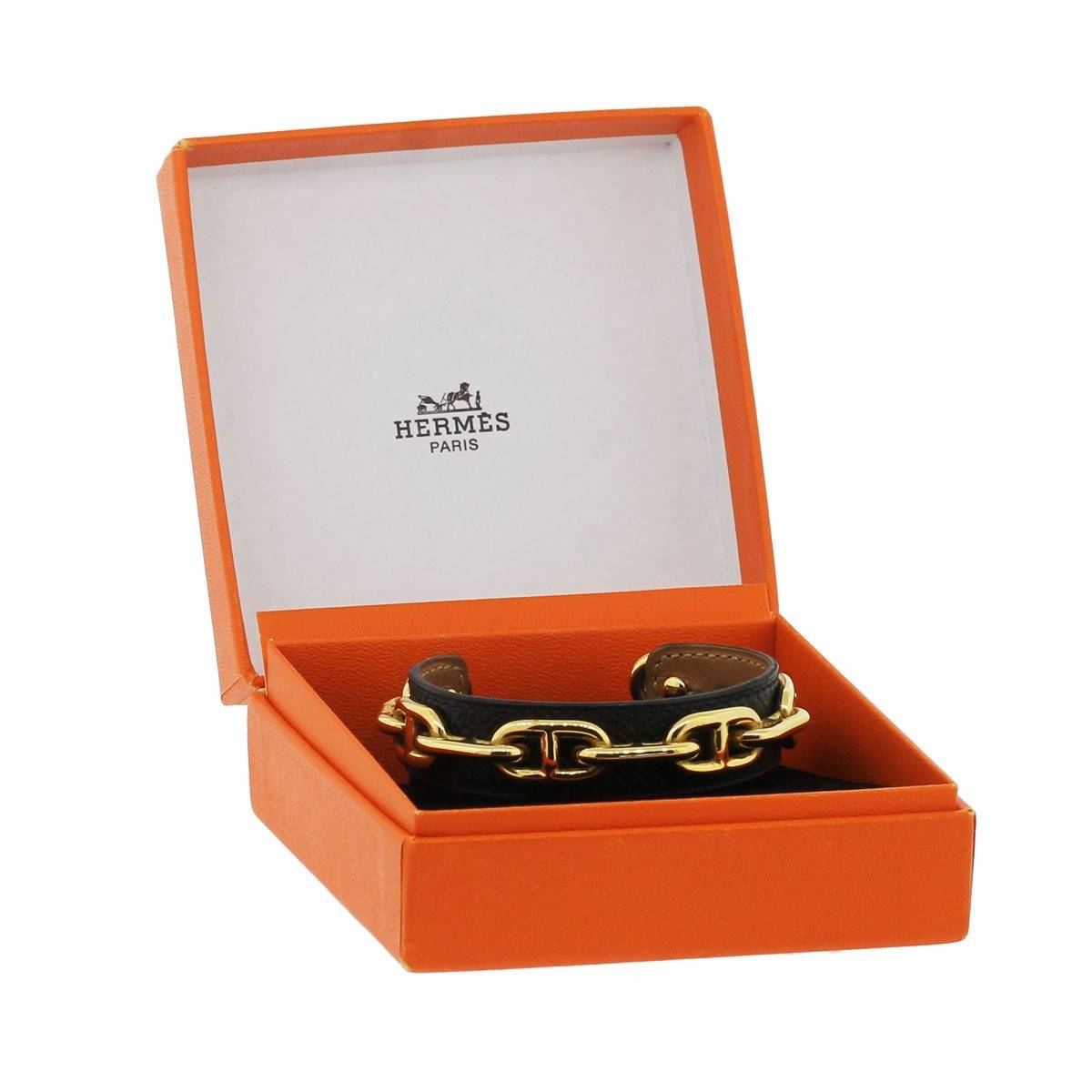 Hermes Chaine D'ancre Gold Plated Black Leather Bangle