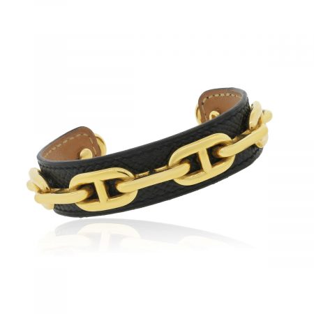 Hermes Chaine D'ancre Gold Plated Black Leather Bangle