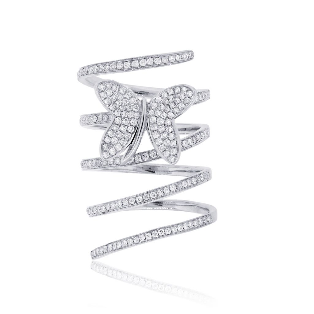18k White Gold 0.97ctw Diamond Spiral Butterfly Ring