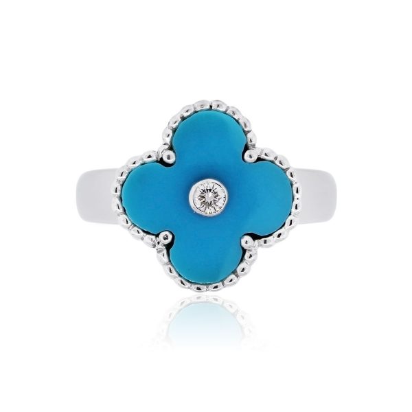 Van Cleef & Arpels 18k White Gold 0.06ct Diamond and Turquoise Alhambra Ring