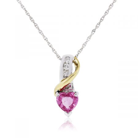 14k Two Tone Gold 0.05ctw Diamond and Pink Heart Stone Pendant With Necklace