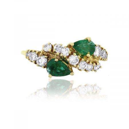 18k Yellow Gold 0.70ctw Round Brilliant Diamond And Pear Emerald Ring