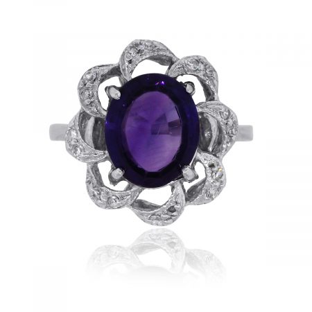 14k White Gold 0.20ctw Diamond & Amethyst Floral Ring