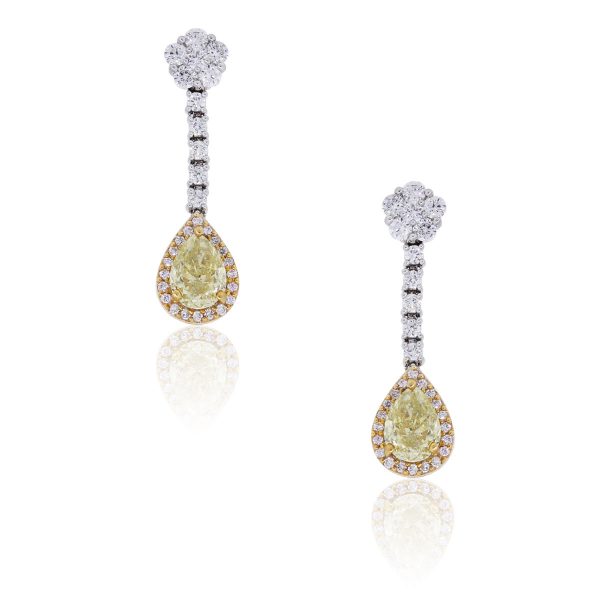 18k Two Tone Gold 2.80ctw Pear Shape and Round Brilliant Diamond Dangle Earrings