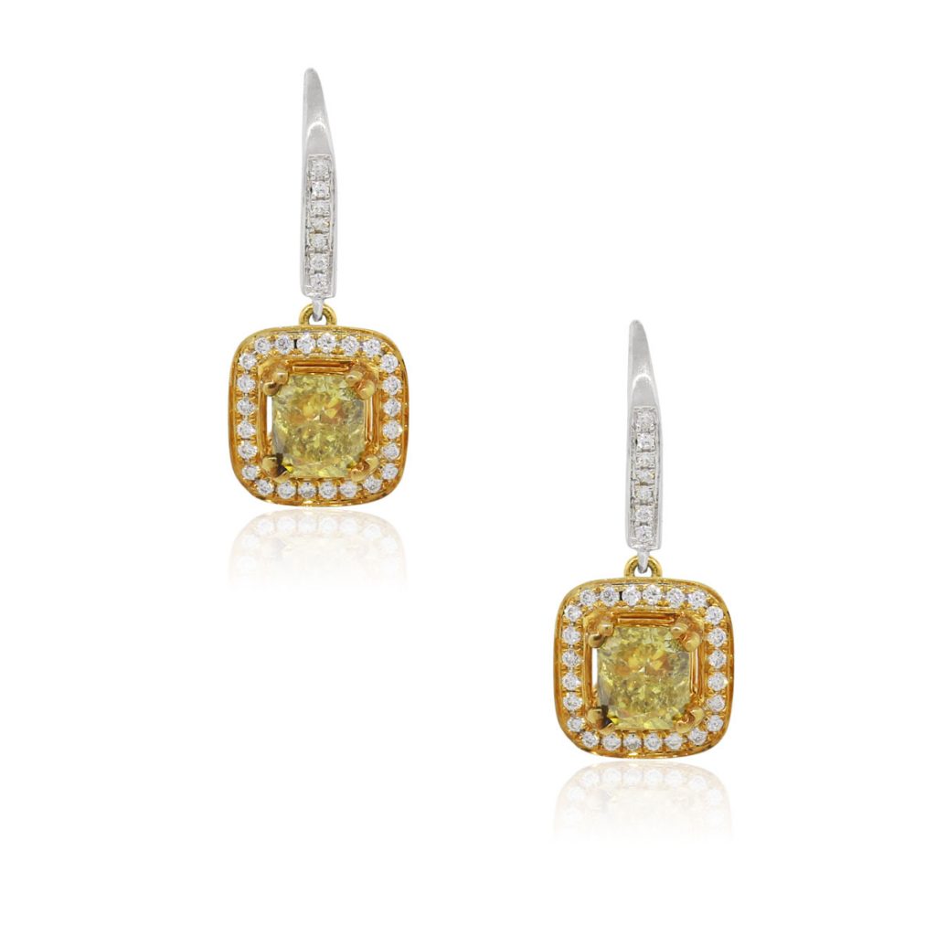 18k Yellow Gold 1.01ctw Fancy Color Diamond Halo Dangle Earrings