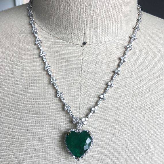 Heart Shaped Emerald and Diamond Necklace in 18k White Gold