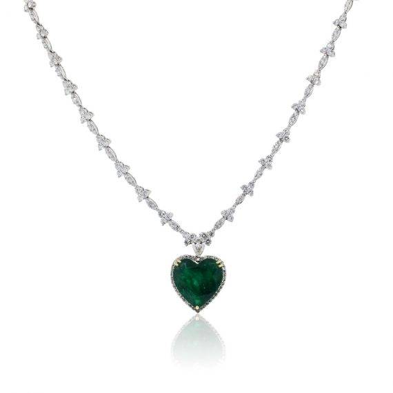 Heart Shaped Emerald and Diamond Necklace in 18k White Gold