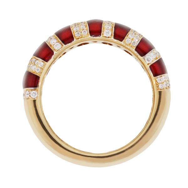 18k Rose Gold 0.52ctw Round Diamond Red Enamel Wide Striped Band