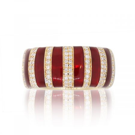 18k Rose Gold 0.52ctw Round Diamond Red Enamel Wide Striped Band
