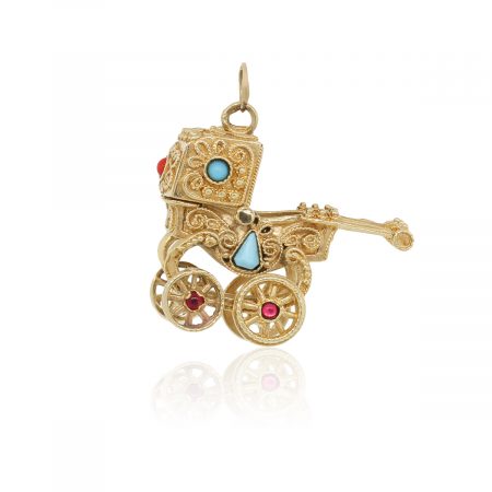 14k Yellow Gold Turquoise and Pearl Baby Carriage Charm