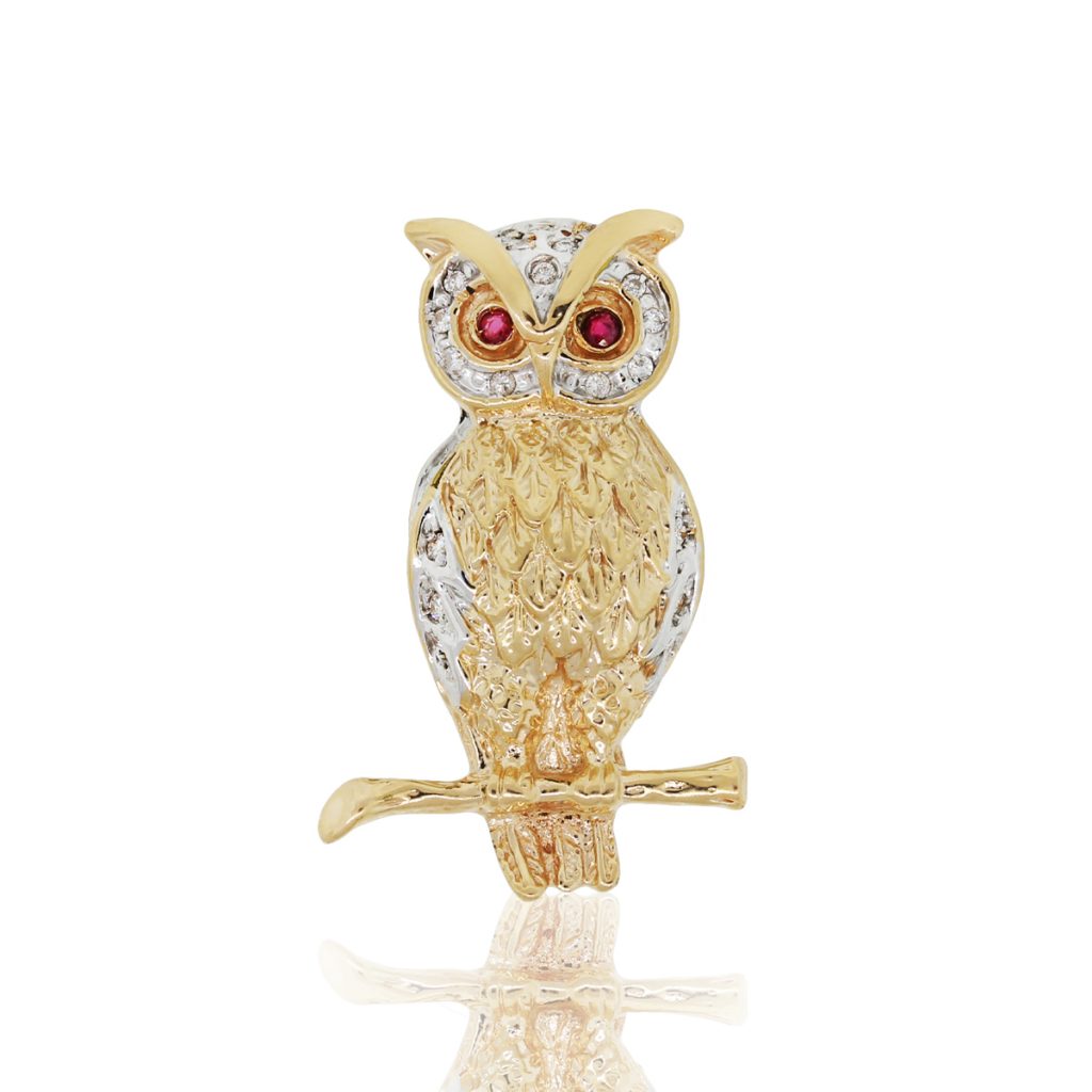 18k Rose Gold 0.60ctw Diamond and Ruby Owl Pin
