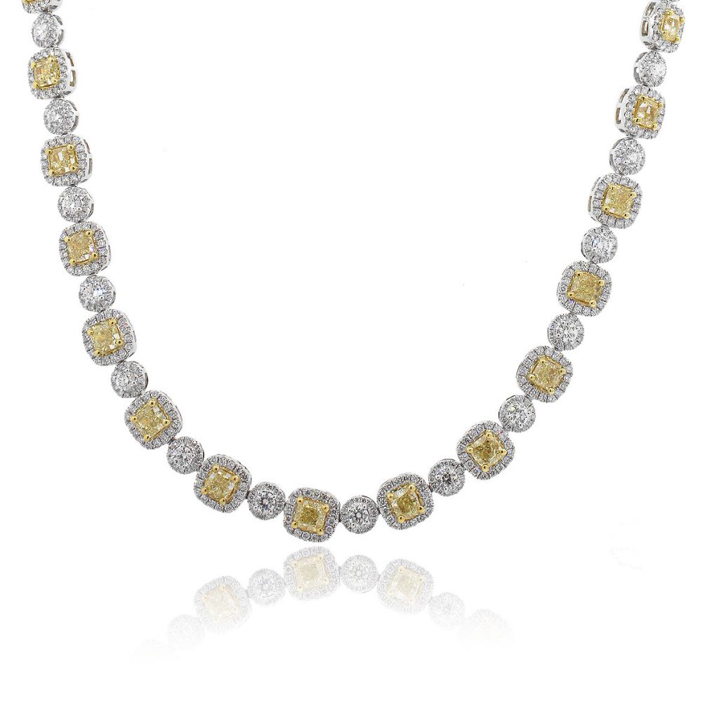 18K White Gold 13.62ct Cushion Cut Fancy Yellow GIA Necklace
